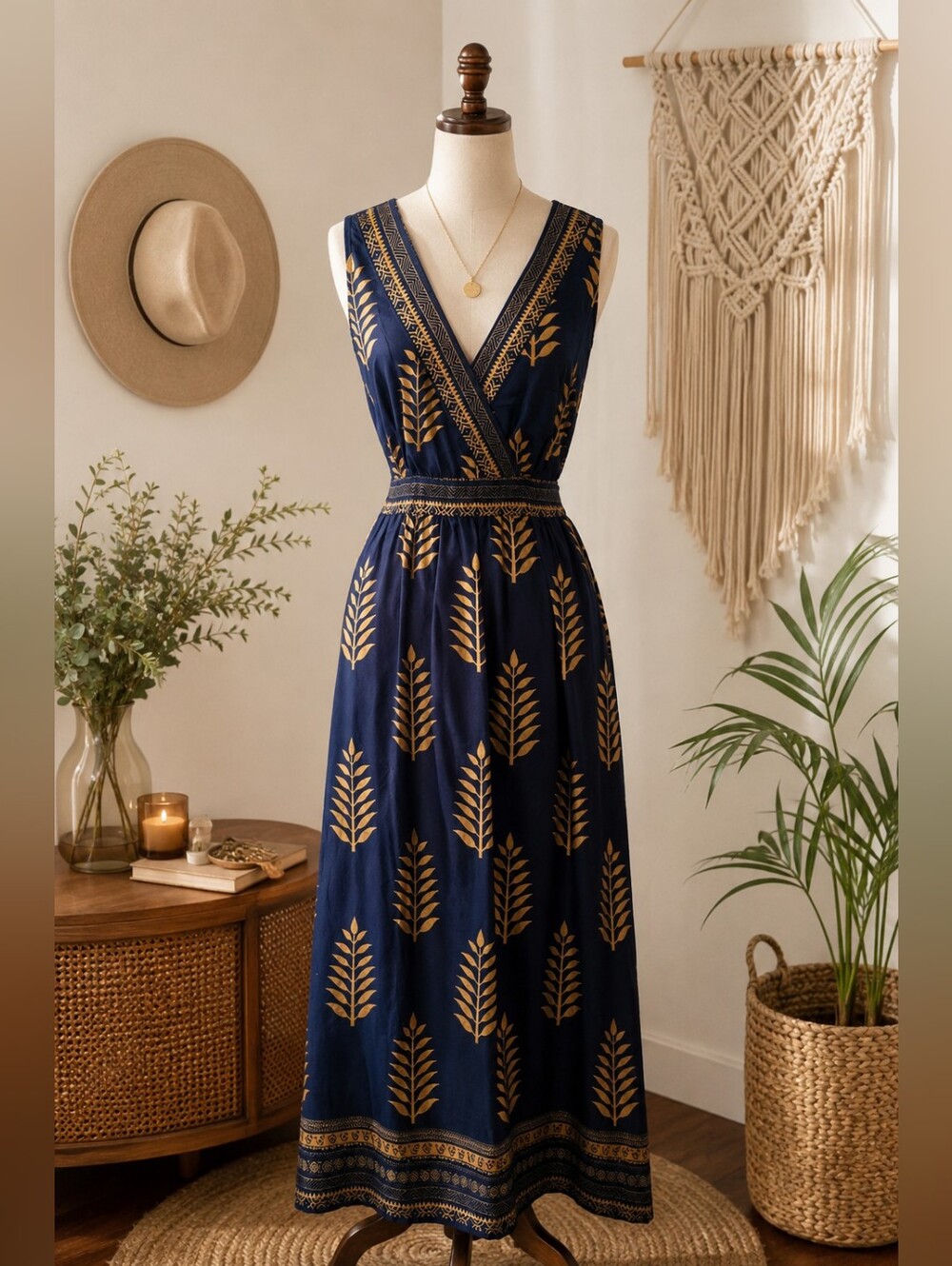 Lapagee Navy & Gold Maxi Dress Women's Large Boho Sleeveless Empire Waist India